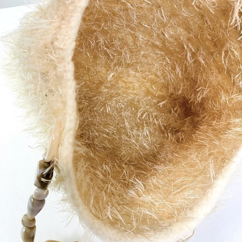 Boho Eyelash Cream Fabric Double Beaded Handle Purse 10” x 13” x 3”